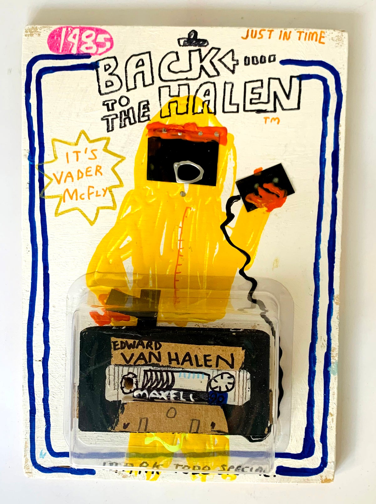 Mark Todd, Back to the Halen Figure, 2020 (two images total if can be included), Celebrating the 35th anniversary of Back to the Future and the life of Eddie Van Halen, this figure was available exclusively at D-Con 2020, Mixed media on birch plywood panel, 2-sided, 11 1.2” x 8" Limited, signed artist proof