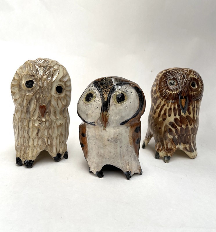 Aaron Murray,Ceramic owl and cat figurines and small – larger owl cups, Many delightful options to choose from, Sizes vary, prices range $24 - $72