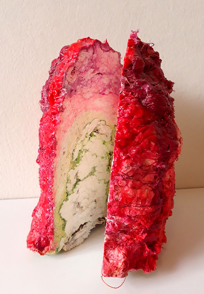 Sophia Allison, Untitled (6), Handmade paper, acrylic paint, gel medium, thread, 6 ¼” x 4 ½” x 4”, $500