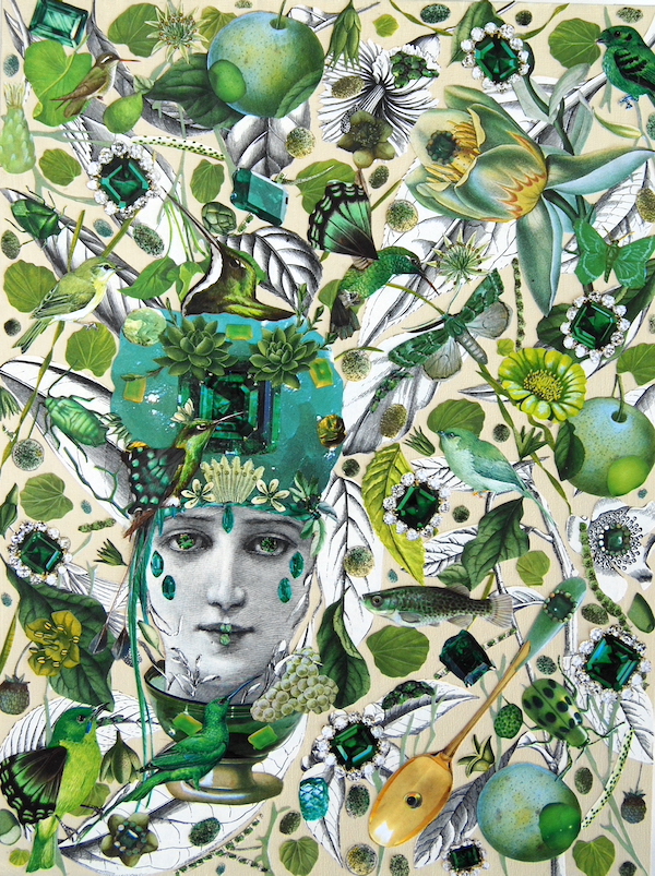Green Jelly, 2021 Collage on wood panel 12” x 9” x 1 ½”