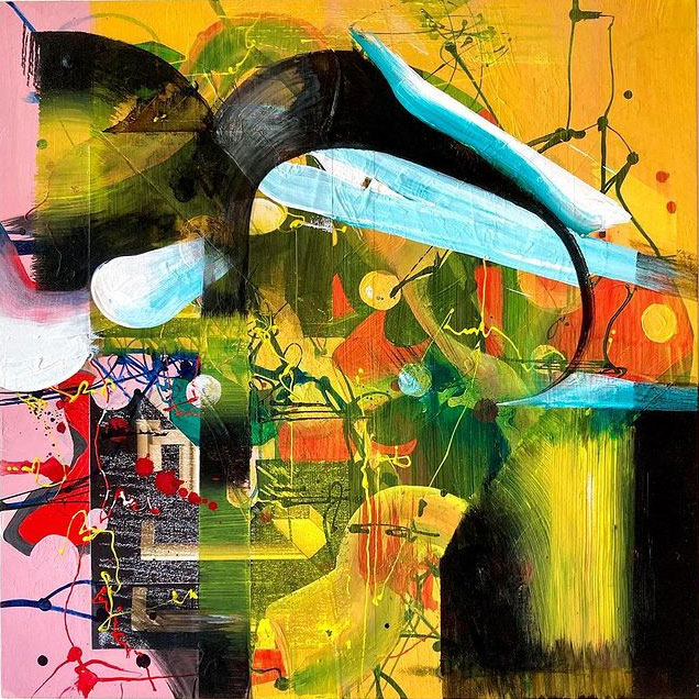 Soo Hong Still a Student Driver, 2020 Acrylic, oil stick and paper on wood panel 10” x 10” $400