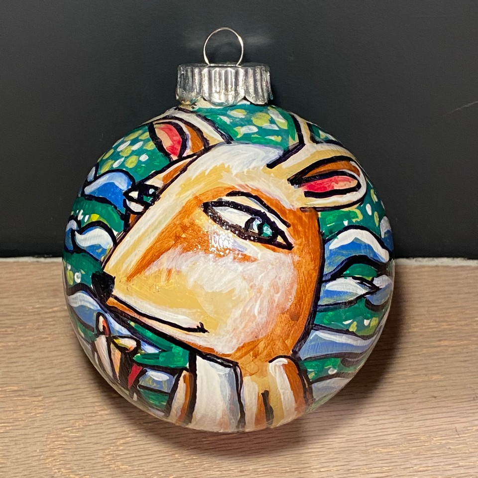 Deer with Present, 2021 Acrylic on ornament 4” diameter $35