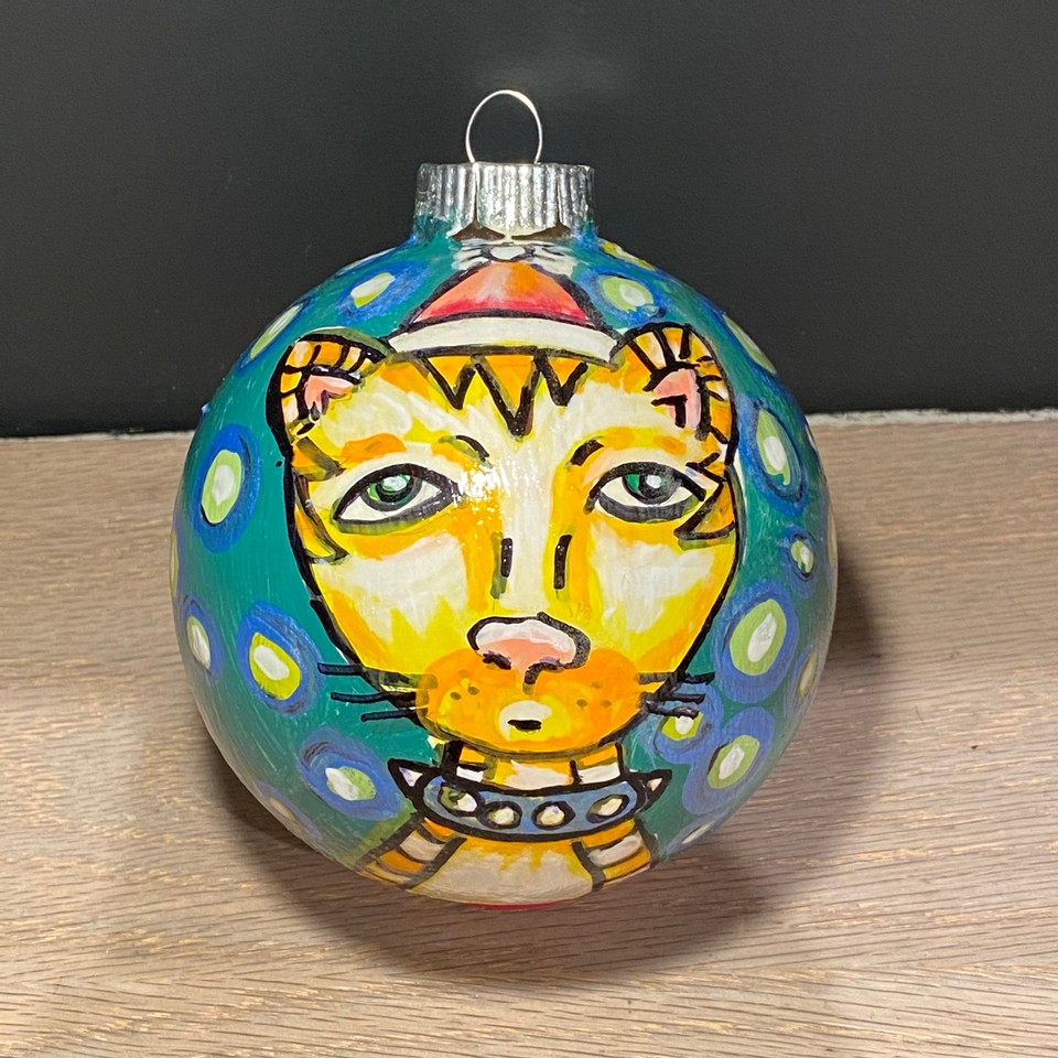 Kitty with Hat, 2021 Acrylic on ornament 4” diameter $35