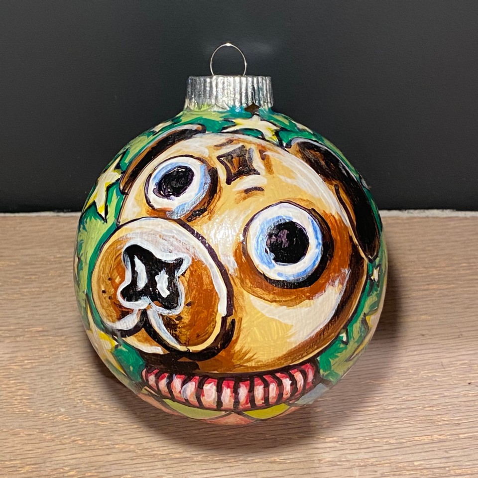 Pug Pup, 2021 Acrylic on ornament 4” diameter $35
