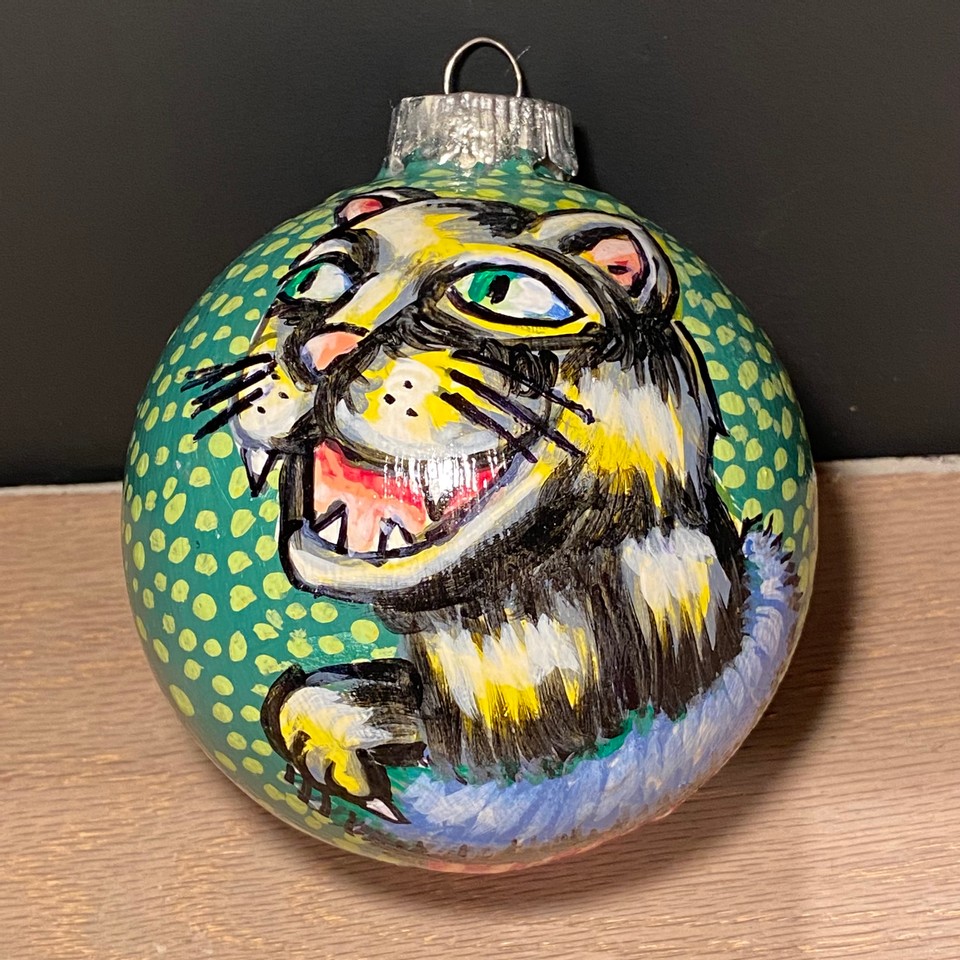 Laughing Kitty, 2021 Acrylic on ornament 4” diameter $35