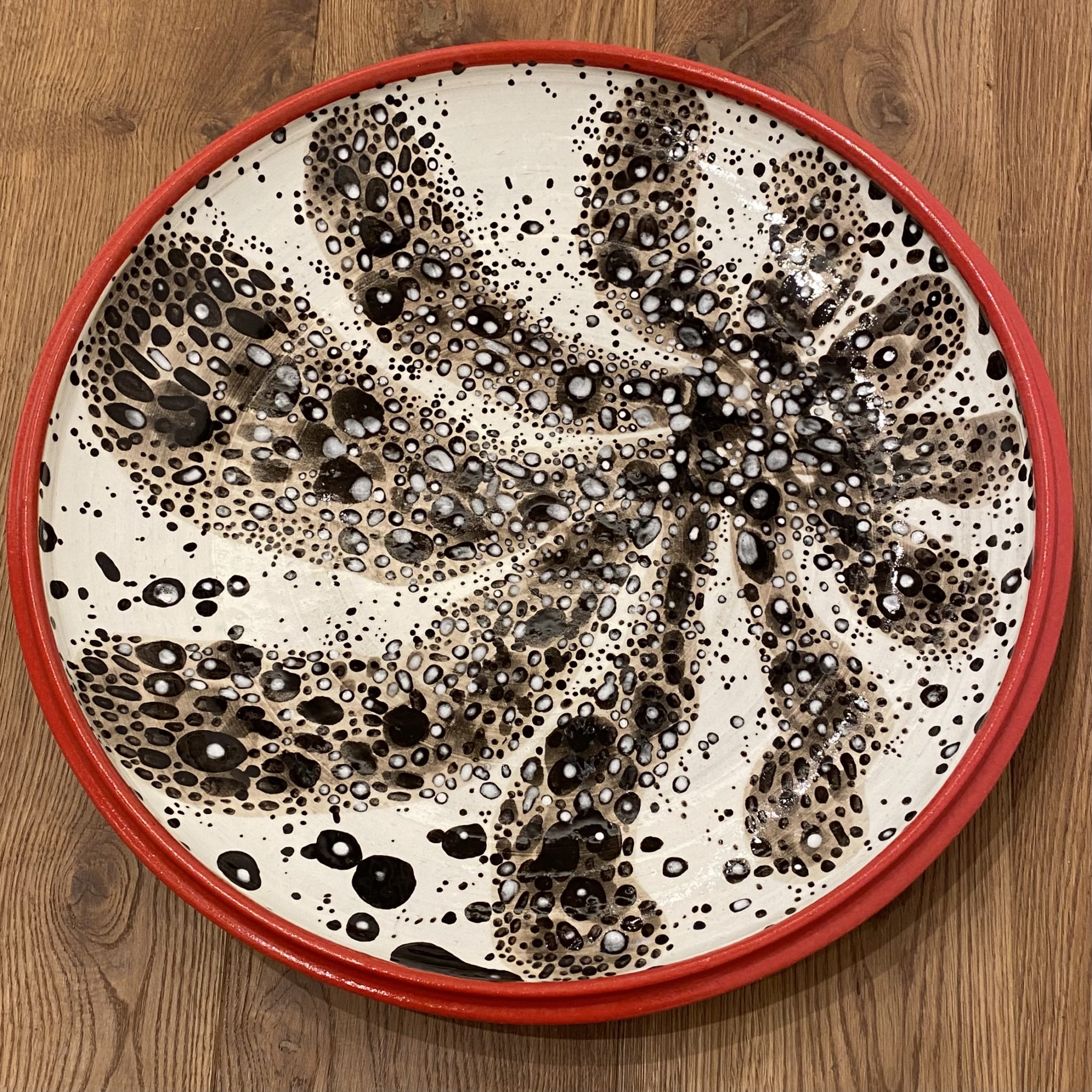 Black and White Platter 2  3 ½” x 19” diameter  White Stoneware with underglaze and clear glaze  $650