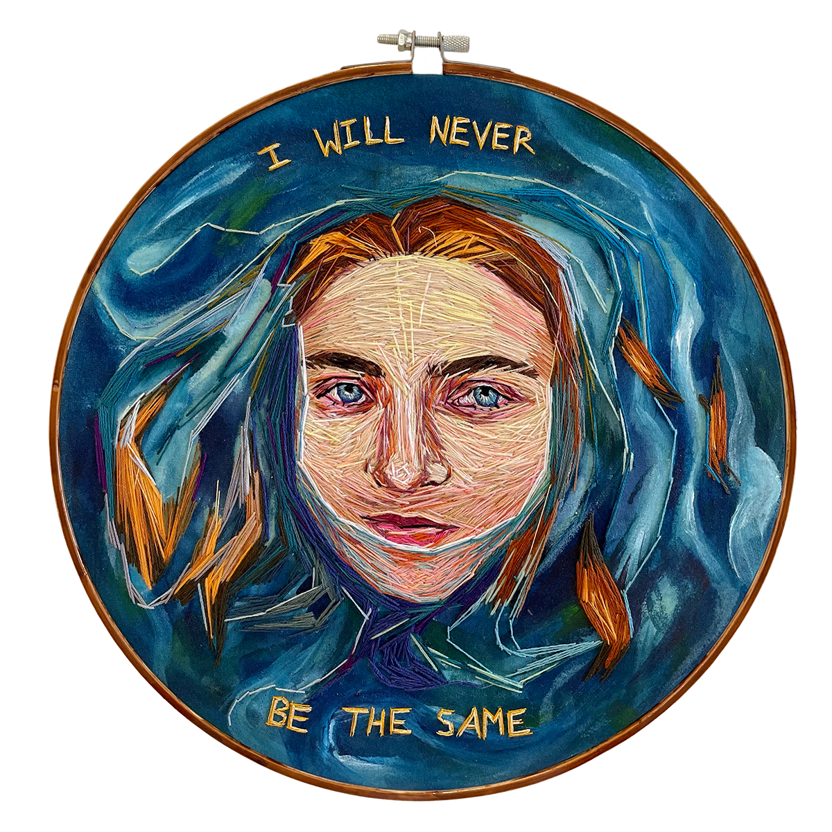 I Will Never Be the Same Hand embroidery and acrylic paint on cotton 10.5” diameter $1650