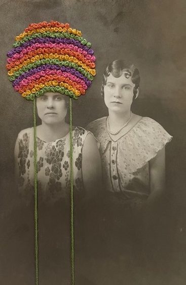 Rainbow Hat Lady, 2021 Antique postcard, embroidery floss 5 ½” x 3 ½”