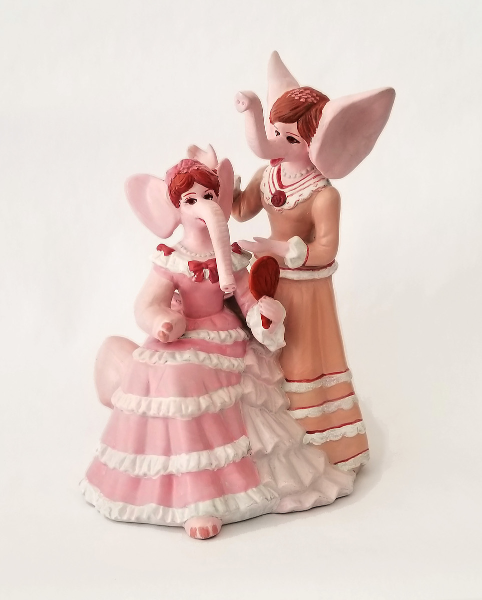 Pink Elephant's Coming Out Party, 2022 Secondhand ceramic figurines and mixed media 8” x 6” x 4½”