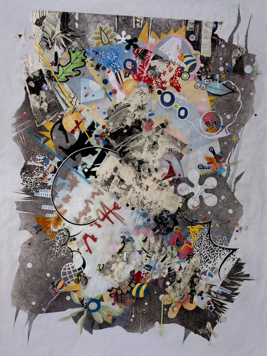 Anne Hieronymus Toyon Canyon Paper, tape, stickers, ink, pencil & gesso on paper 39” x 29”